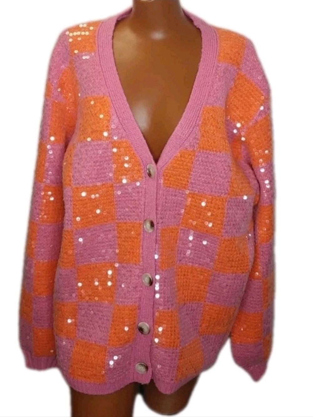 Bibi V-Neck Cardigan Sweater Sz XL Pink Orange Checkerboard Clear Sequined Nwt - Picture 4 of 12